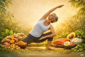 Femme mature pratiquant une posture de yoga en plein air, entourée d'aliments anti-inflammatoires naturels — curcuma, saumon, avocat, œufs et légumes verts, pour la santé des articulations