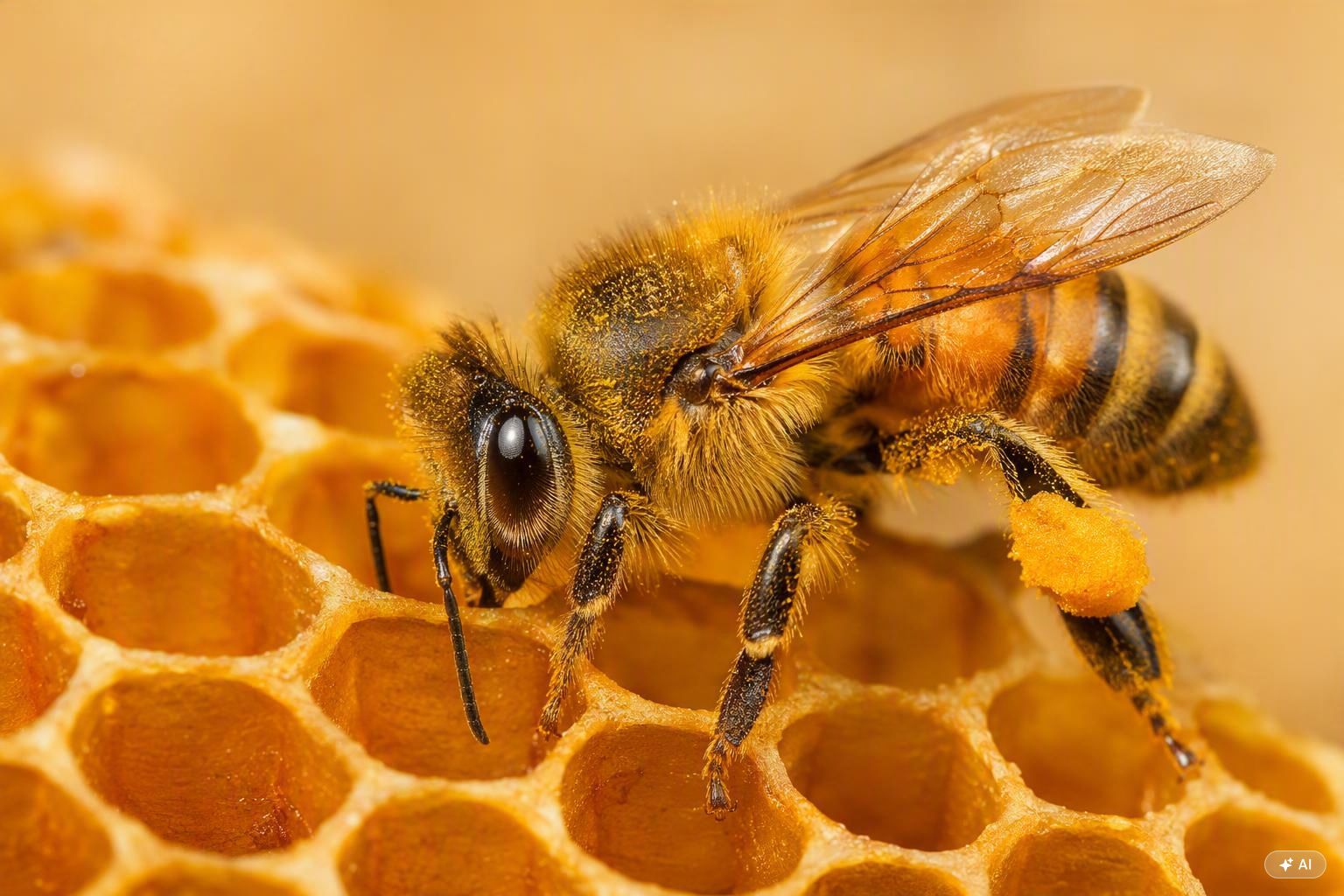 Abeille en gros plan sur un rayon de miel doré — venin d'abeille et recherche scientifique