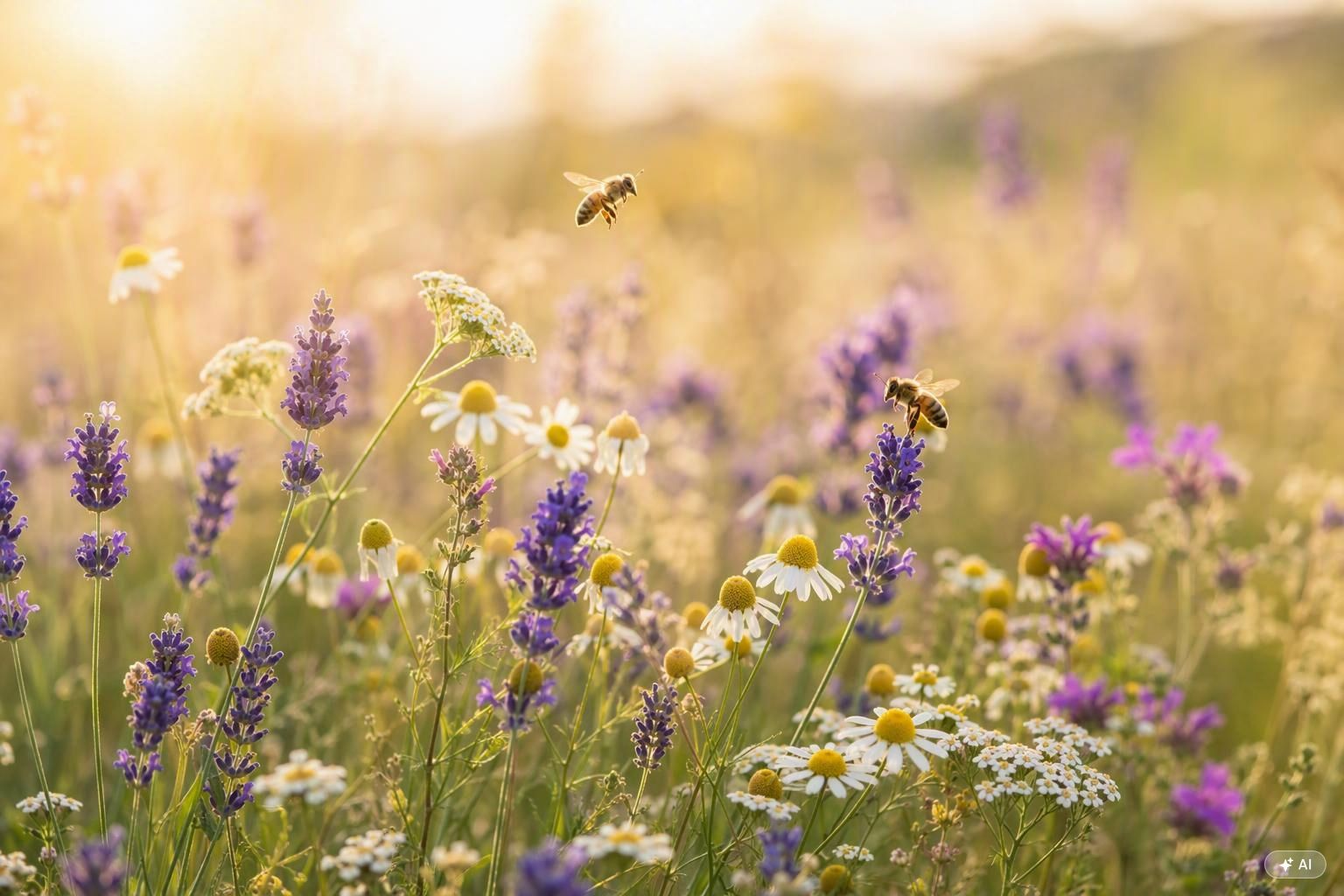 Prairie fleurie avec abeilles butinant des fleurs sauvages — nature et bien-être