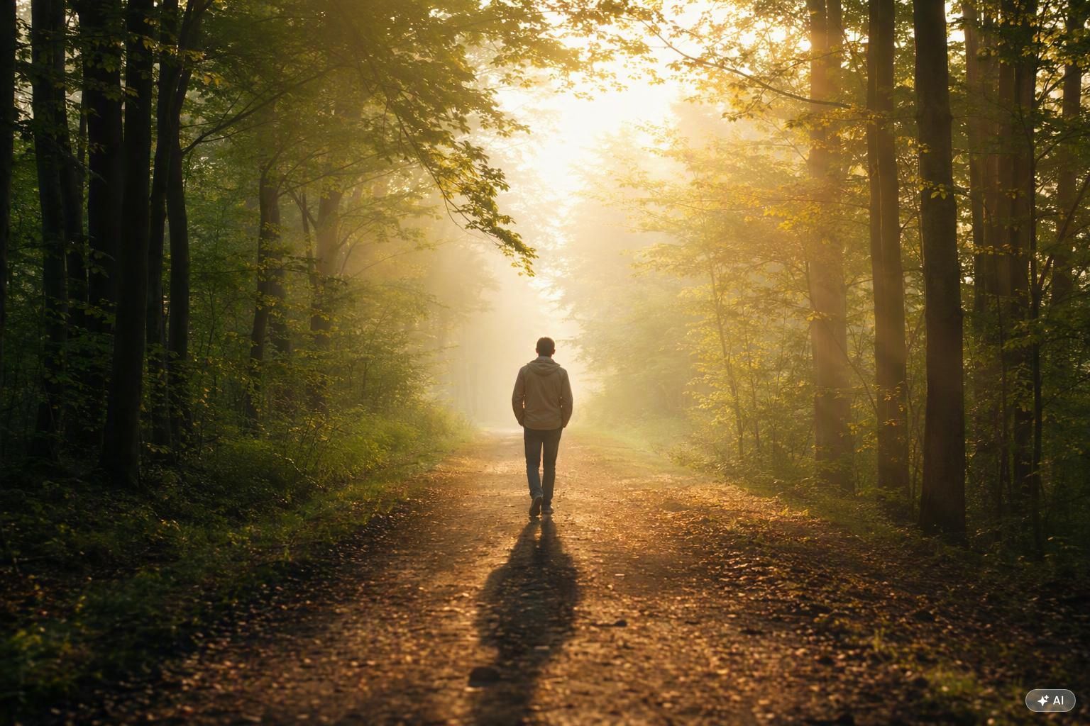 Personne marchant seule sur un chemin forestier baigné de lumière dorée et de brume matinale