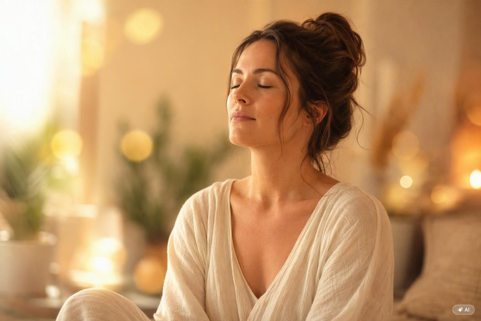 Femme aux yeux fermés en position de méditation, vêtue de blanc, dans une atmosphère chaleureuse et apaisante