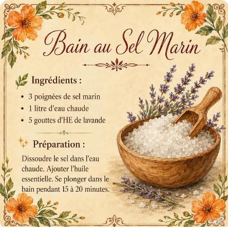 Recette illustrée du bain au sel marin — 3 poignées de sel marin, 1 litre d'eau chaude et 5 gouttes d'huile essentielle de lavande, à dissoudre et se plonger dans le bain 15 à 20 minutes