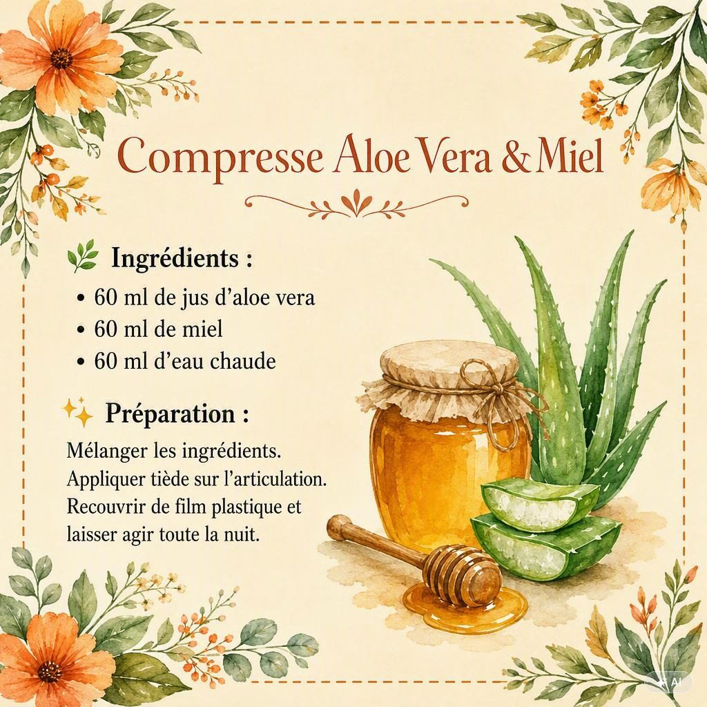 Recette illustrée de la compresse Aloe Vera et Miel — 60 ml de jus d'aloe vera, 60 ml de miel et 60 ml d'eau chaude, à appliquer tiède sur l'articulation toute la nuit