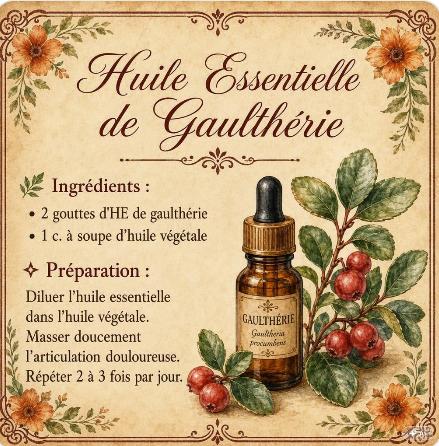 Recette illustrée de l'huile essentielle de gaulthérie — 2 gouttes d'HE de gaulthérie et 1 cuillère à soupe d'huile végétale à masser doucement sur l'articulation douloureuse, 2 à 3 fois par jour