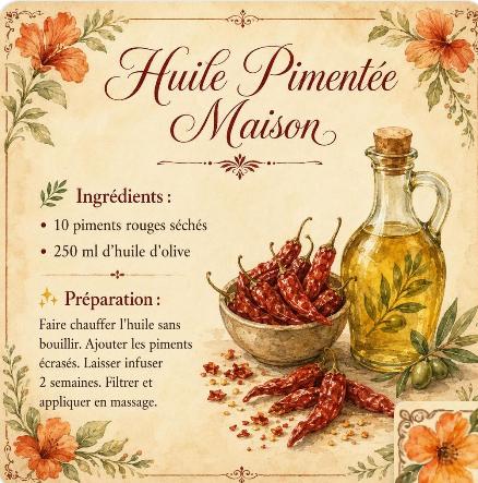 Recette illustrée de l'huile pimentée maison — 10 piments rouges séchés et 250 ml d'huile d'olive, à appliquer en massage sur les articulations douloureuses
