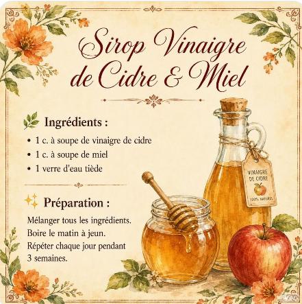 Recette illustrée du sirop vinaigre de cidre et miel — ingrédients et préparation, avec illustration aquarelle de miel, pomme et bouteille de vinaigre de cidre