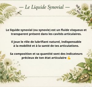 Infographie illustrée sur le liquide synovial — fluide visqueux et transparent présent dans les cavités articulaires, jouant le rôle de lubrifiant naturel indispensable à la mobilité et à la santé des articulations Titre Le liquide synovial — rôle et importance pour les articulations