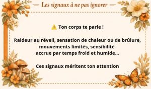 Infographie illustrée avec fleurs et papillons présentant les signaux corporels à ne pas ignorer — raideur au réveil, sensation de chaleur, mouvements limités et sensibilité par temps froid et humide
