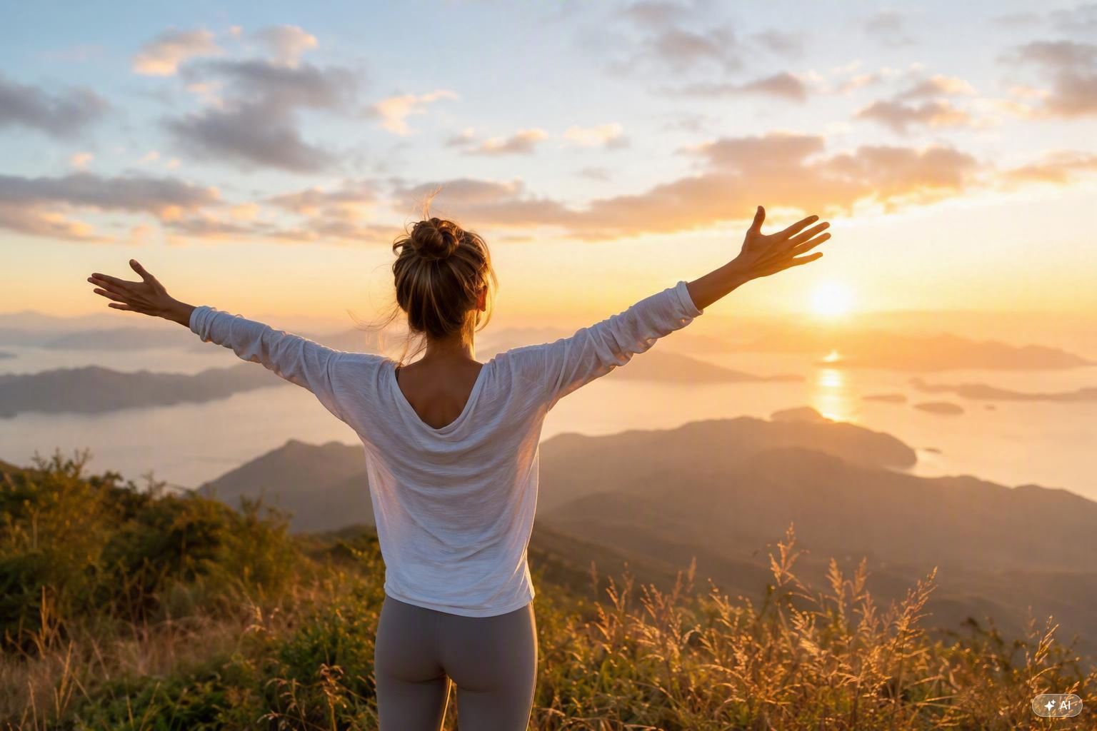 Femme les bras ouverts au lever du soleil sur une colline, sentiment de liberté