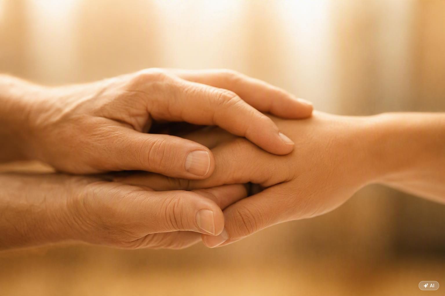 Deux mains se tenant avec tendresse et bienveillance dans une lumière dorée et douce