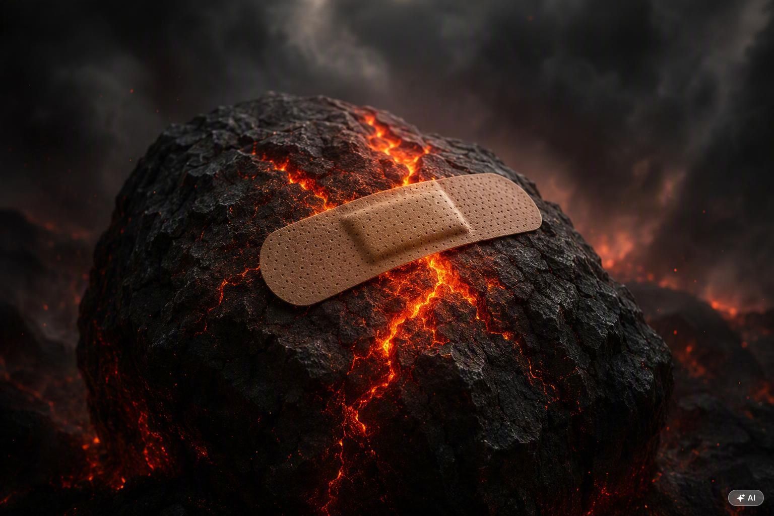 Pansement symbolique posé sur une roche volcanique en fusion