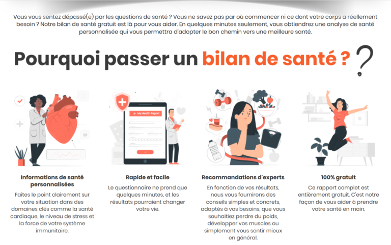 Infographie présentant les avantages d’un bilan de santé gratuit en ligne : informations de santé personnalisées, questionnaire rapide et facile, recommandations d’experts, et rapport 100% gratuit. Titre : « Pourquoi passer un bilan de santé ?