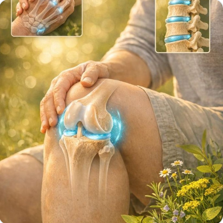 Illustration d'un genou avec articulation lumineuse en bleu et insert montrant une colonne vertébrale, symbolisant la santé des articulations et la mobilité du corps