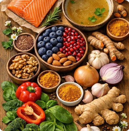 Assortiment d'aliments anti-inflammatoires naturels — saumon, myrtilles, curcuma, gingembre, ail, oignon, poivron, noix et légumes verts, bénéfiques pour la santé des articulations