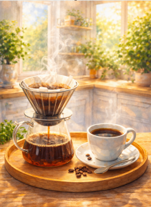 Café filtre en train de couler dans une cafetière en verre, accompagné d'une tasse de café et de grains de café sur un plateau en bois, dans une cuisine lumineuse et ensoleillée