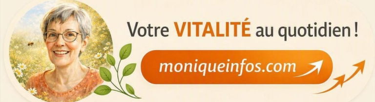 Monique de moniqueinfos.com souriante avec le slogan Votre vitalité au quotidien