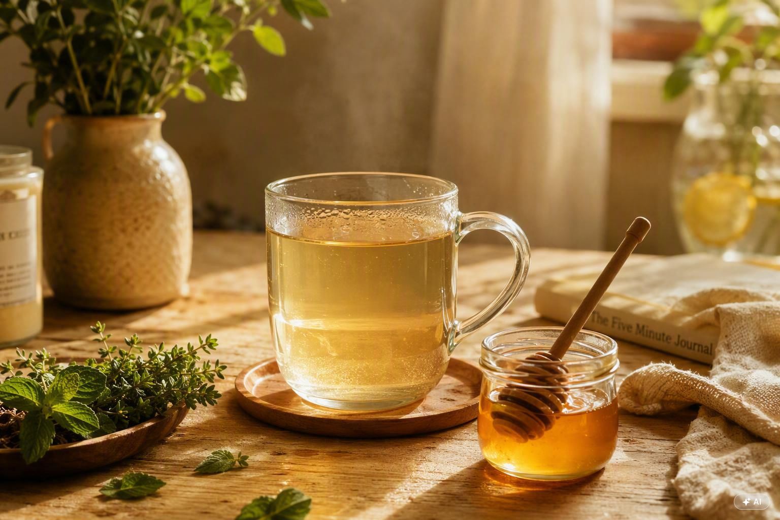 Tasse en verre d'eau chaude avec un petit pot de miel sur une table en bois baignée de lumière dorée