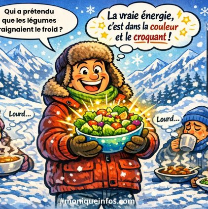 Illustration humoristique d'un bonhomme joyeux en habit d'hiver tenant un bol de légumes colorés et croquants par -5°C, avec le message : la vraie énergie c'est dans la couleur et le croquant — article sur l'art de manger cru en hiver