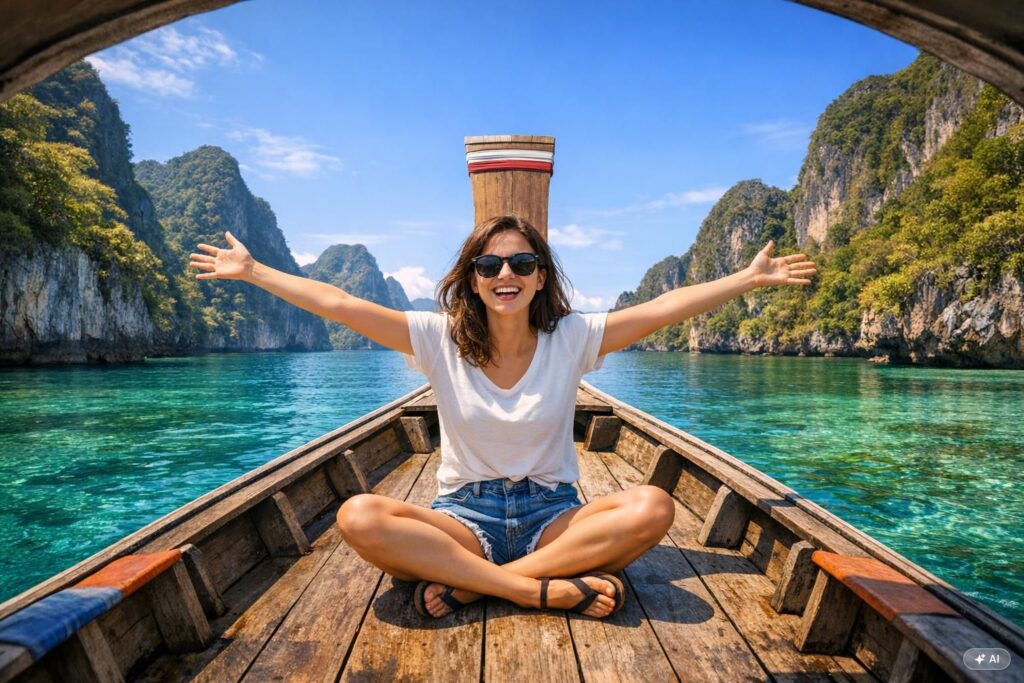 Femme heureuse sur un bateau en Thaïlande