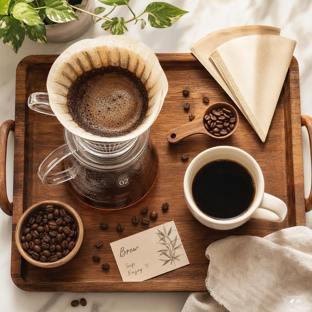 Cafetière filtre en verre sur plateau en bois avec grains de café et filtres en papier