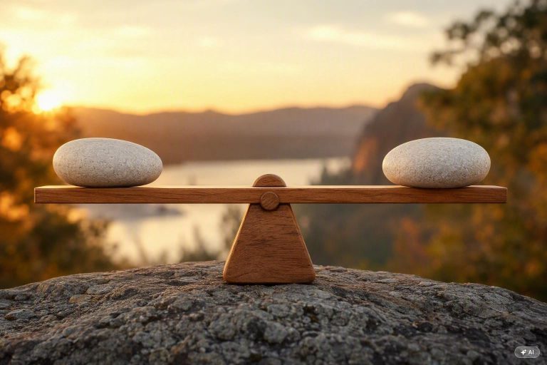 Balance en bois parfaitement équilibrée avec deux pierres, posée sur un rocher au coucher de soleil, symbolisant l'équilibre et la réciprocité dans les relations
