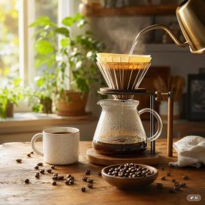 Versement d'eau chaude sur un filtre en papier pour préparer un café filtre