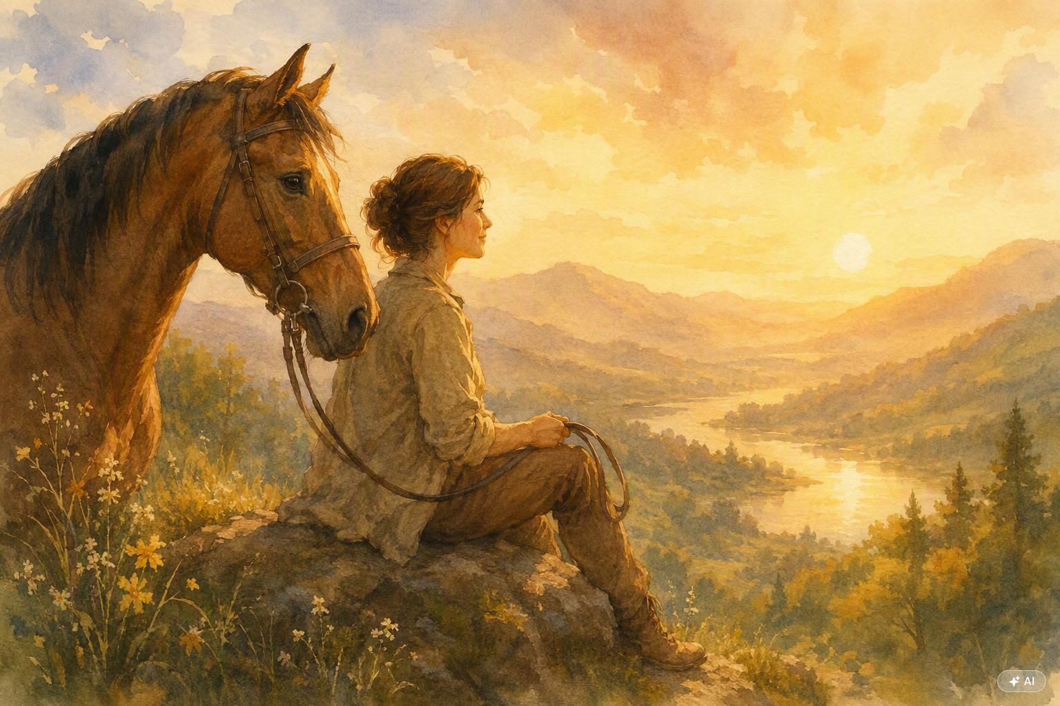 Femme et cheval contemplant l'horizon au coucher du soleil