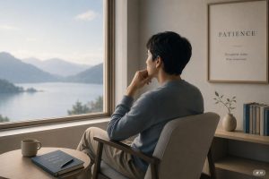 Personne assise en réflexion face à une fenêtre avec vue sur un lac et des montagnes, symbolisant la patience et la pensée avant l'action