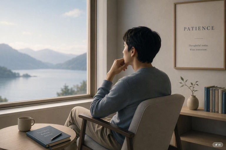 Personne assise en réflexion face à une fenêtre avec vue sur un lac et des montagnes, symbolisant la patience et la pensée avant l'action