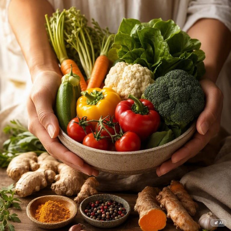 Mains tenant un bol de légumes crus avec épices douces, gingembre et curcuma pour une digestion apaisée