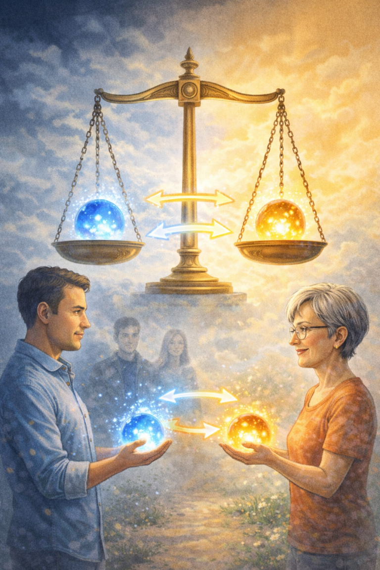 Un homme et une femme s'échangeant des sphères lumineuses bleue et dorée, surmontés d'une balance en équilibre, illustrant le principe de réciprocité et de donnant-donnant dans les relations humaines