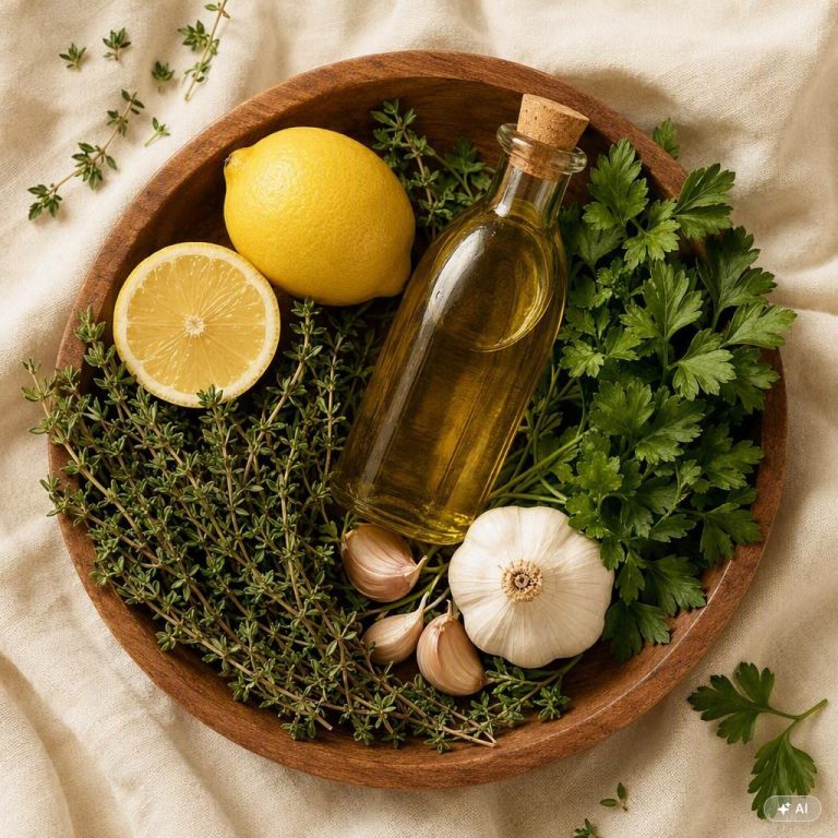 Bol en bois avec citron frais, huile d'olive, herbes aromatiques et ail pour un assaisonnement naturel