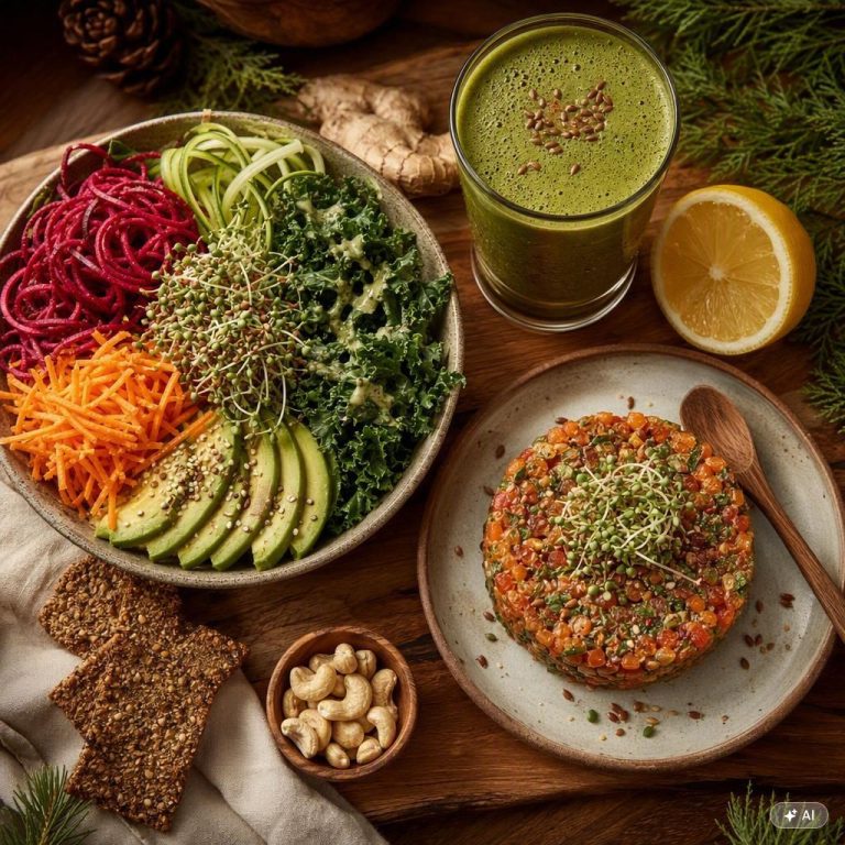 Bowl de légumes crus spiralisés, smoothie vert au gingembre et tartare de betterave pour des recettes hivernales vivantes