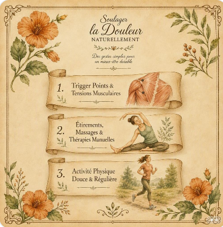 Infographie illustrée Soulager la Douleur Naturellement — 3 gestes simples : trigger points et tensions musculaires, étirements massages et thérapies manuelles, activité physique douce et régulière